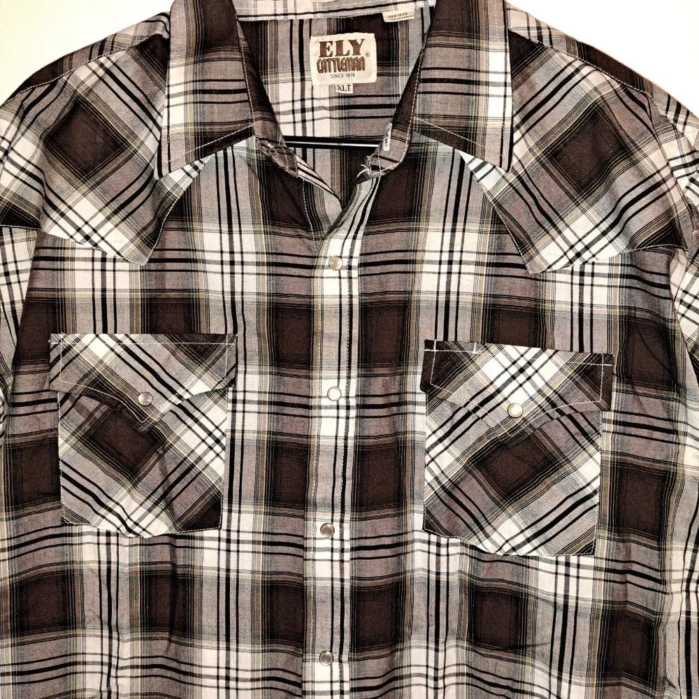 Men's Ely Cattleman Short Sleeve Plaid Western Pearl Snap Shirt XLTALL - Picture 2 of 7